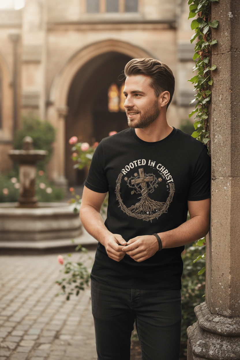 Rooted in Christ T‑Shirt — Christian Tree of Life Faith TeeEmber Spirit Apparel