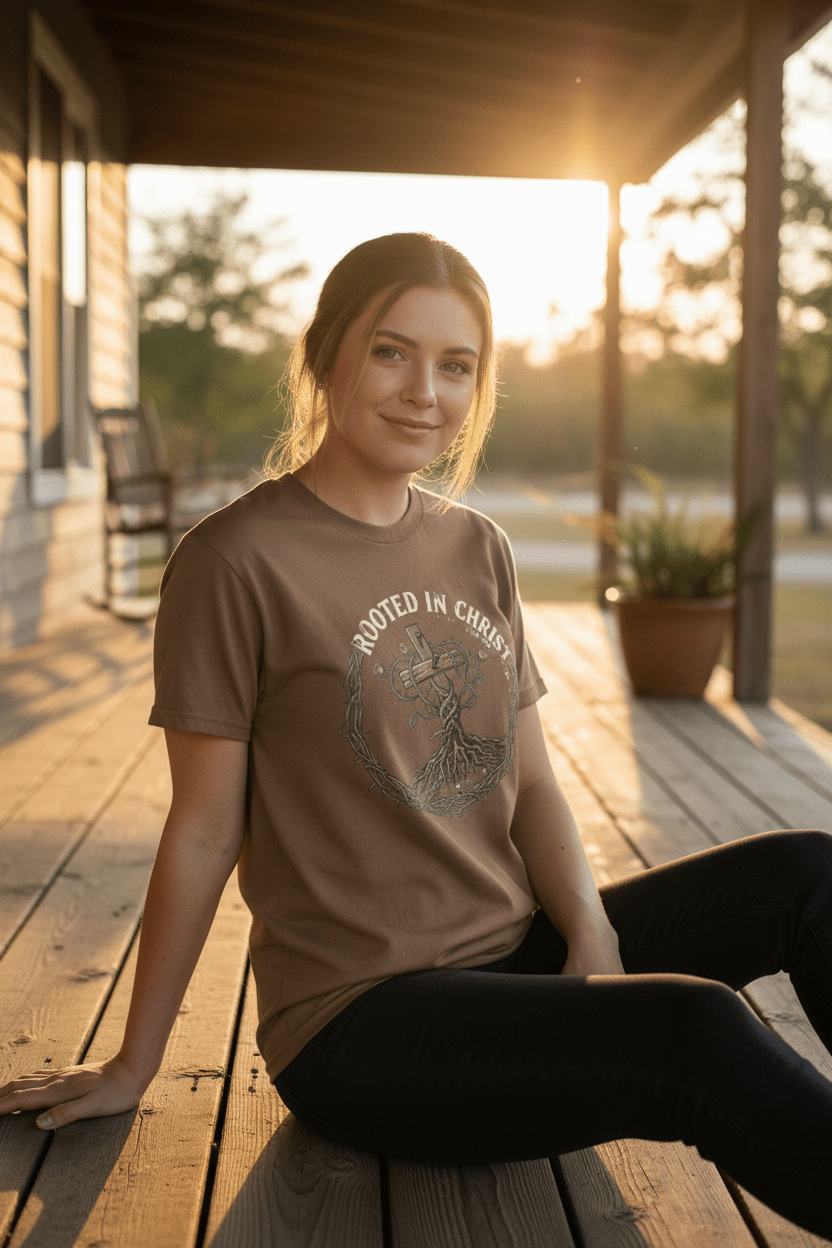 Rooted in Christ T‑Shirt — Christian Tree of Life Faith TeeEmber Spirit Apparel