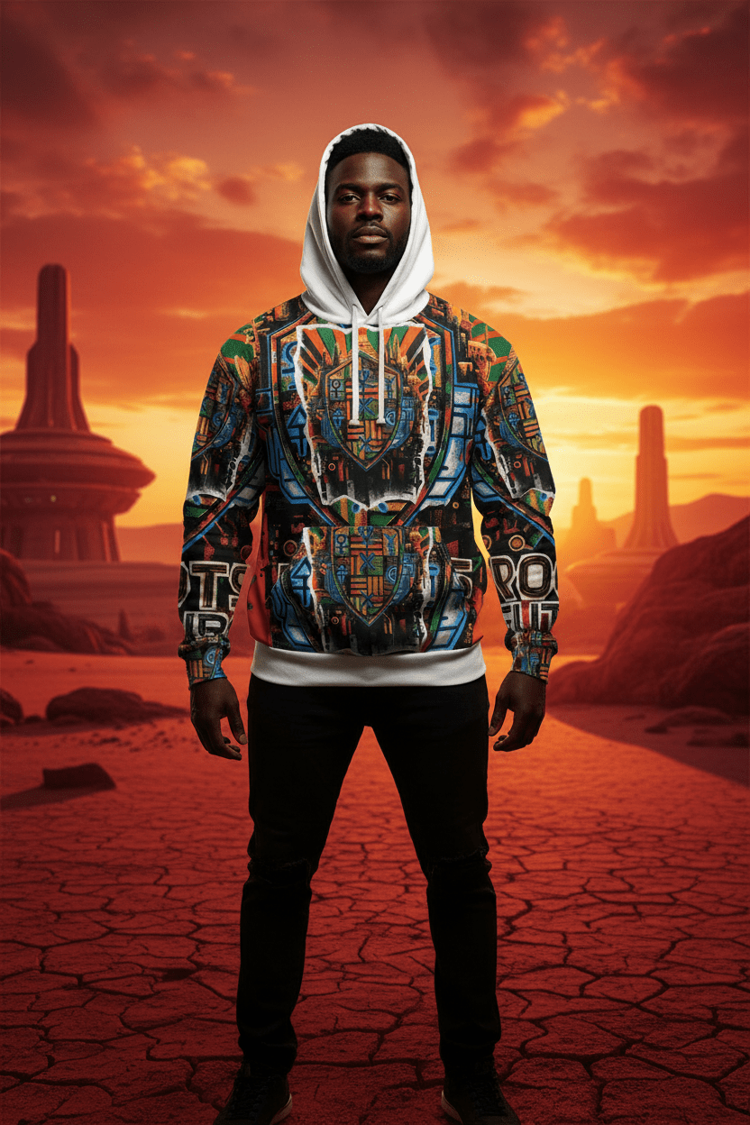 Roots & Future Graphic Hoodie — Bold Afro - Futurist All - Over PrintEmber Spirit Apparel