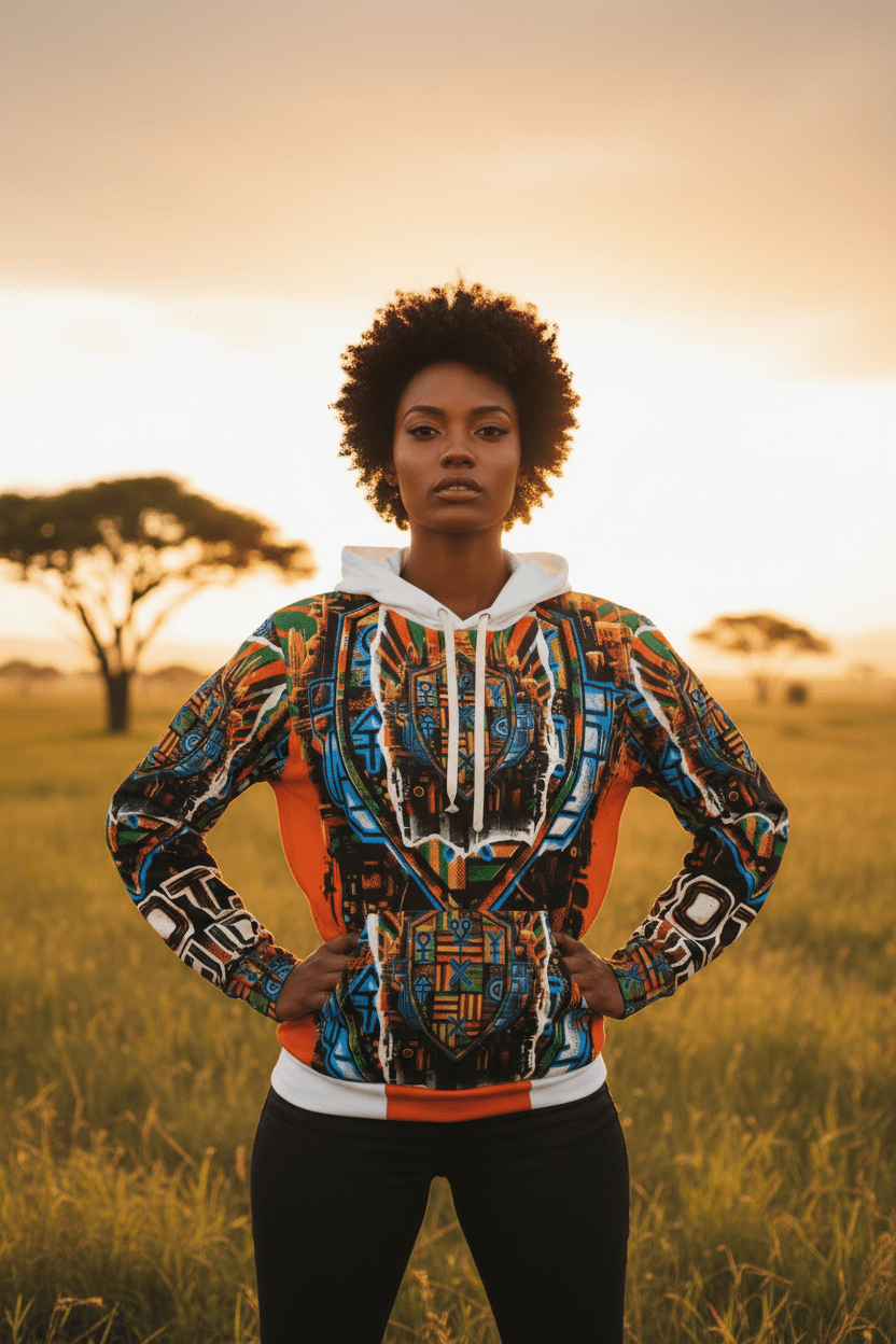 Roots & Future Graphic Hoodie — Bold Afro - Futurist All - Over PrintEmber Spirit Apparel