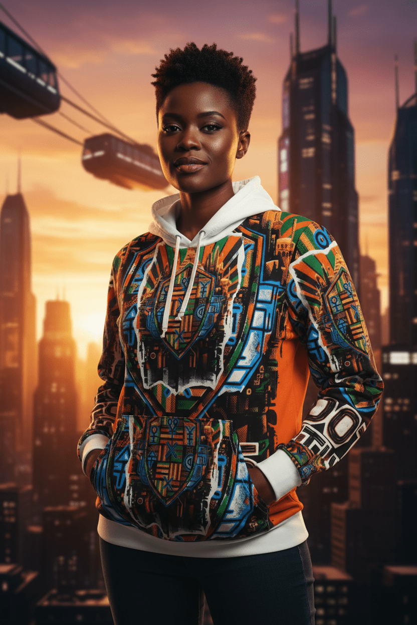 Roots & Future Graphic Hoodie — Bold Afro - Futurist All - Over PrintEmber Spirit Apparel