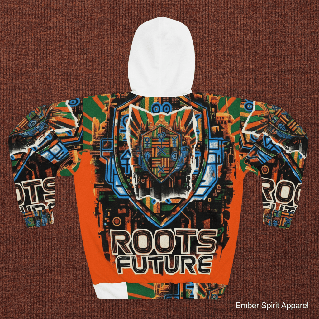 Roots & Future Graphic Hoodie — Bold Afro - Futurist All - Over PrintEmber Spirit Apparel