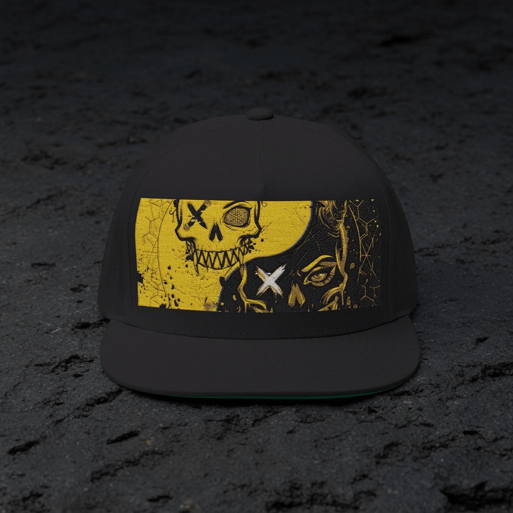 Skull Split Snapback Hat — Grunge Yellow Ying Yang Embroidered DesignEmber Spirit Apparel