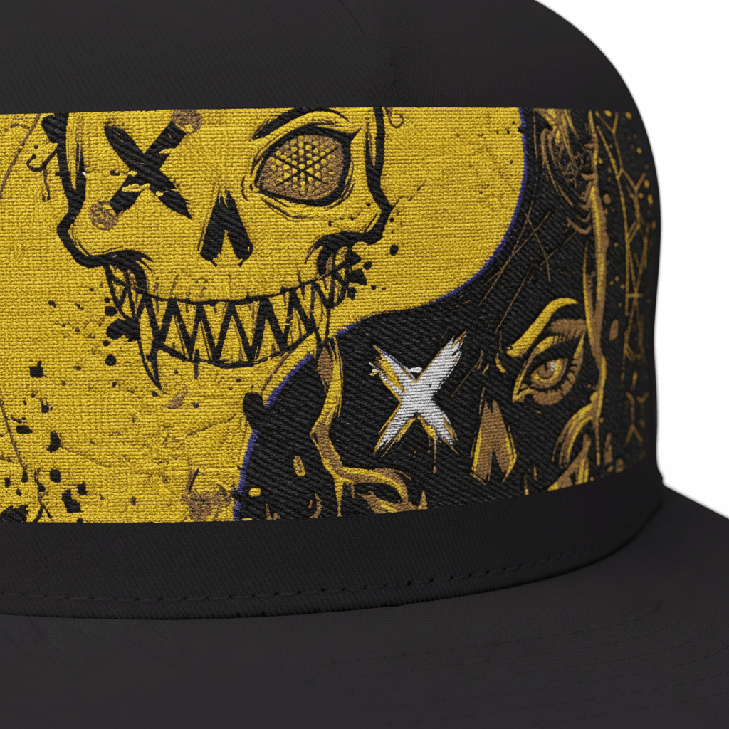 Skull Split Snapback Hat — Grunge Yellow Ying Yang Embroidered DesignEmber Spirit Apparel