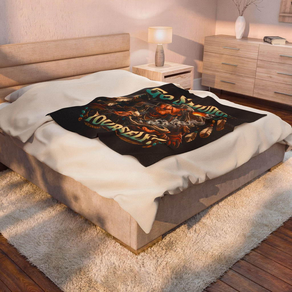 Smudge Yourself Velveteen Plush Blanket — Native Healer Design, Spiritual Cleansing ThrowEmber Spirit Apparel