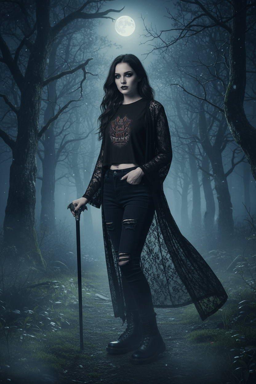 Stay Deadly Bat Crop Top — Gothic Women's Summer Tank, Vampire Halloween GraphicEmber Spirit Apparel