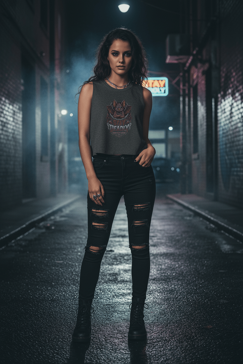 Stay Deadly Bat Crop Top — Gothic Women's Summer Tank, Vampire Halloween GraphicEmber Spirit Apparel