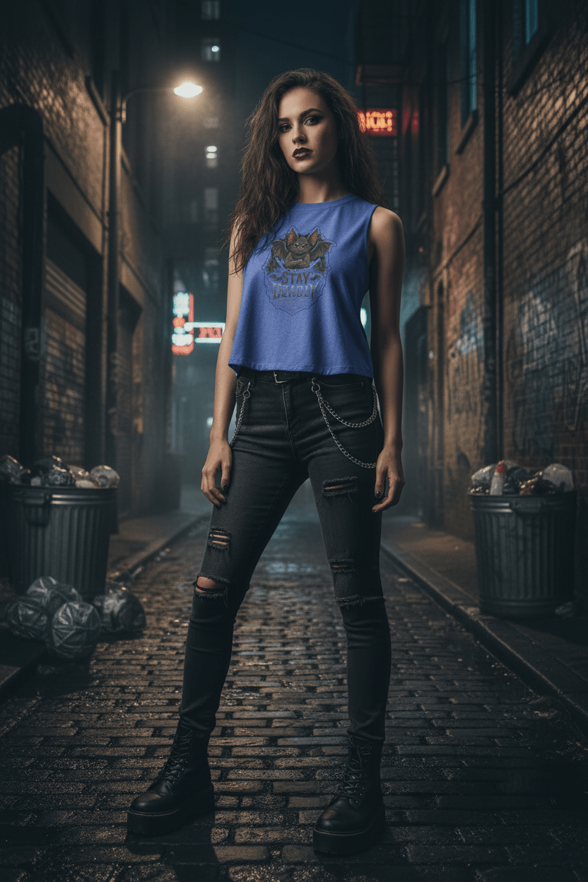 Stay Deadly Bat Crop Top — Gothic Women's Summer Tank, Vampire Halloween GraphicEmber Spirit Apparel