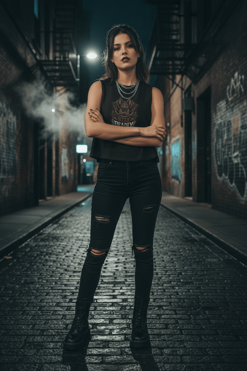 Stay Deadly Bat Crop Top — Gothic Women's Summer Tank, Vampire Halloween GraphicEmber Spirit Apparel