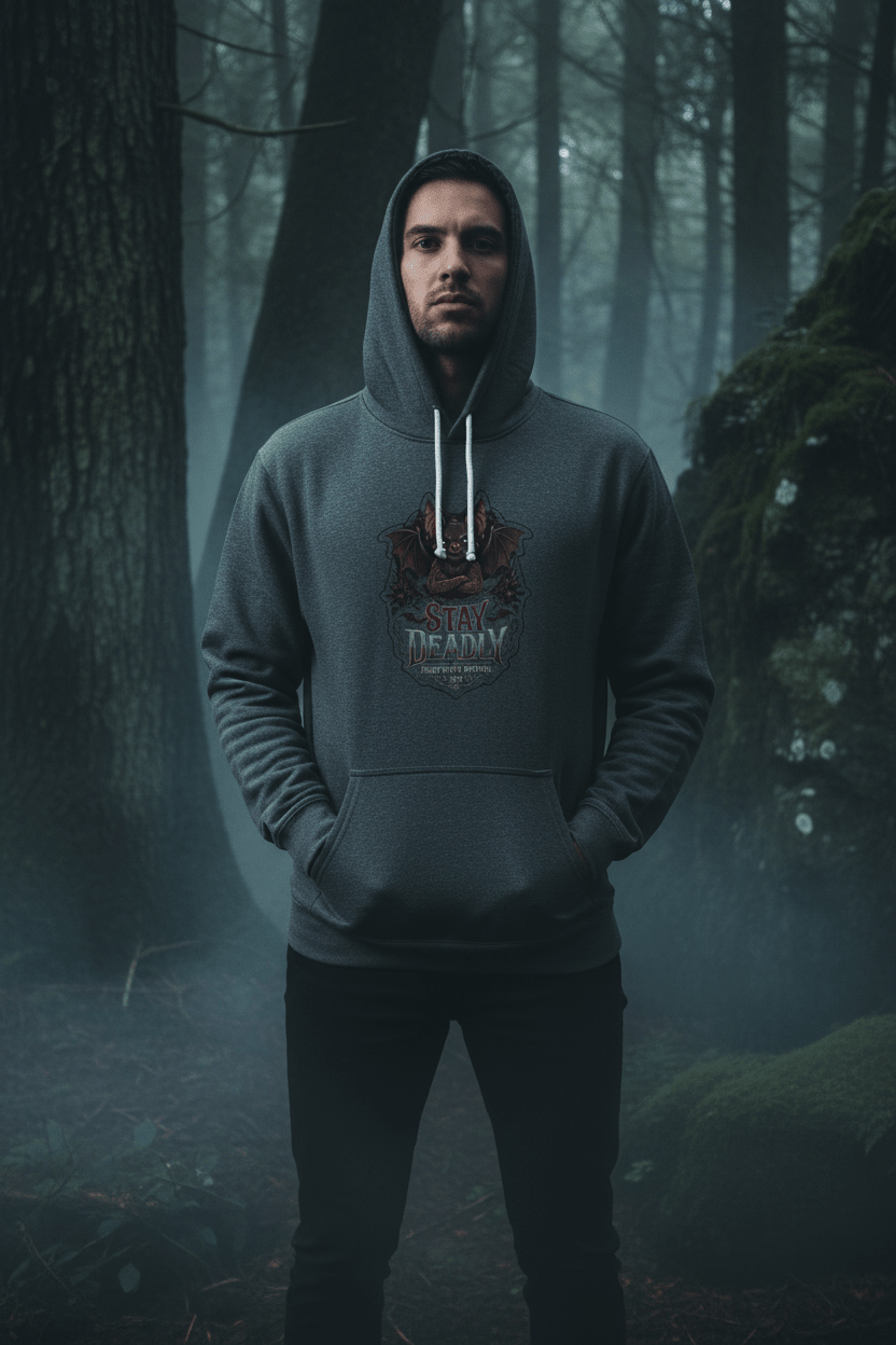 Stay Deadly Bat Hoodie — Gothic Bat Graphic PulloverEmber Spirit Apparel