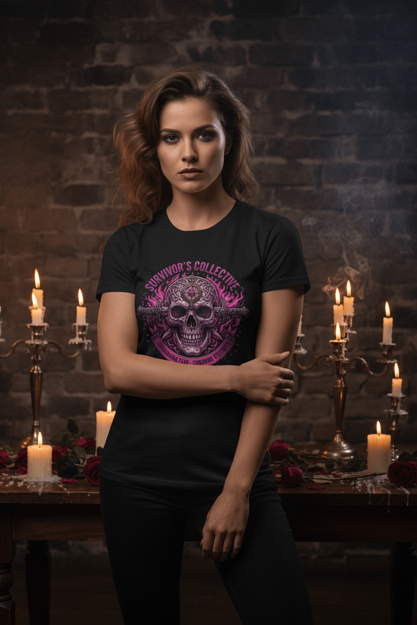 Survivor's Collective Skull T-Shirt — Pink Floral Day of the Dead DesignEmber Spirit Apparel