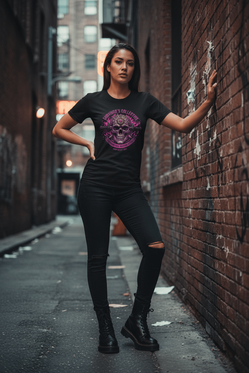 Survivor's Collective Skull T-Shirt — Pink Floral Day of the Dead DesignEmber Spirit Apparel