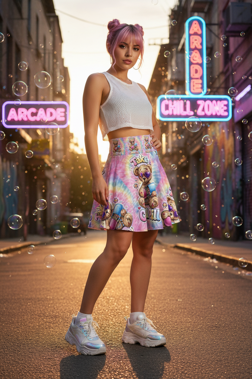 Take a Chill Pill Skater Skirt — 90s Retro Graphic Women's Skater SkirtEmber Spirit Apparel
