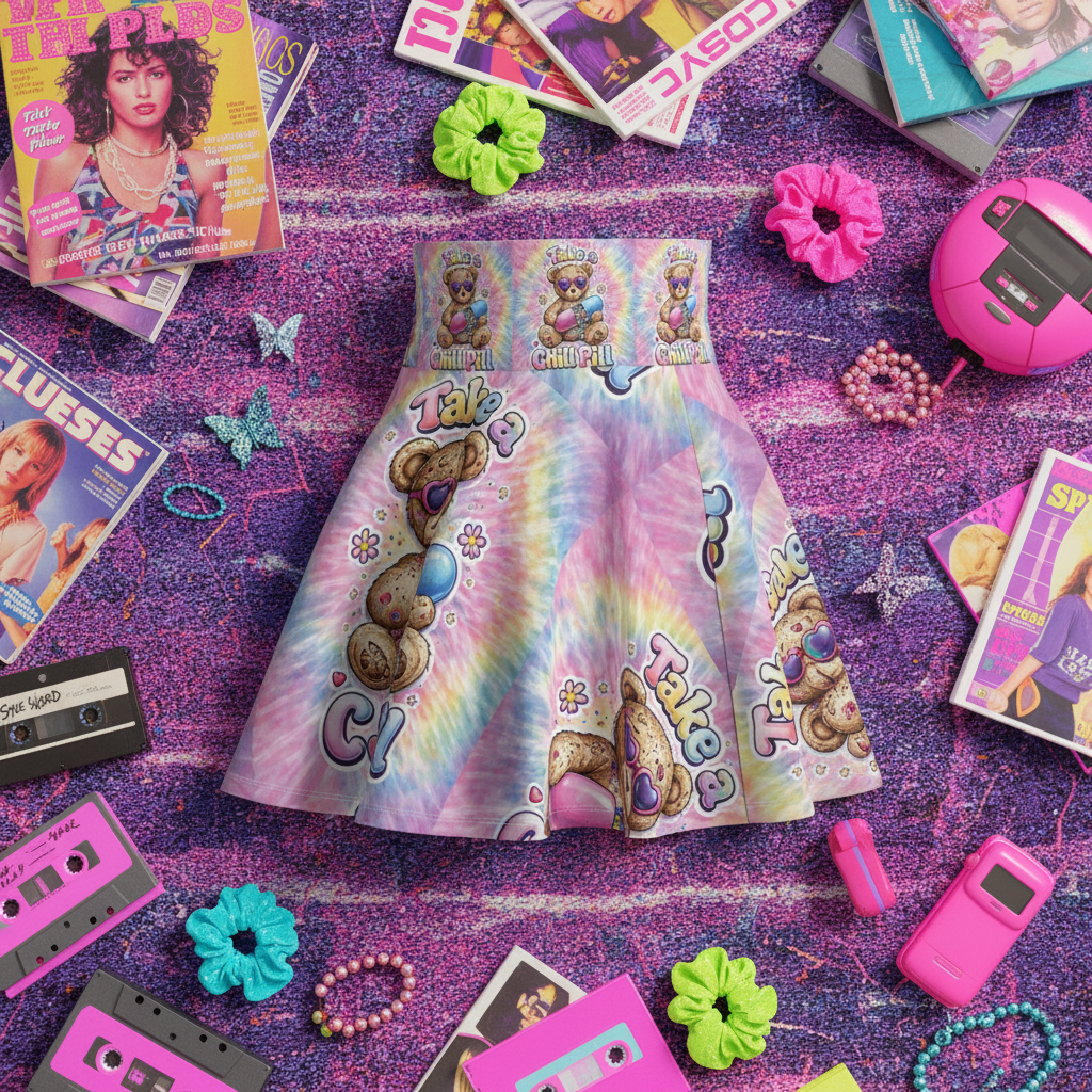 Take a Chill Pill Skater Skirt — 90s Retro Graphic Women's Skater SkirtEmber Spirit Apparel