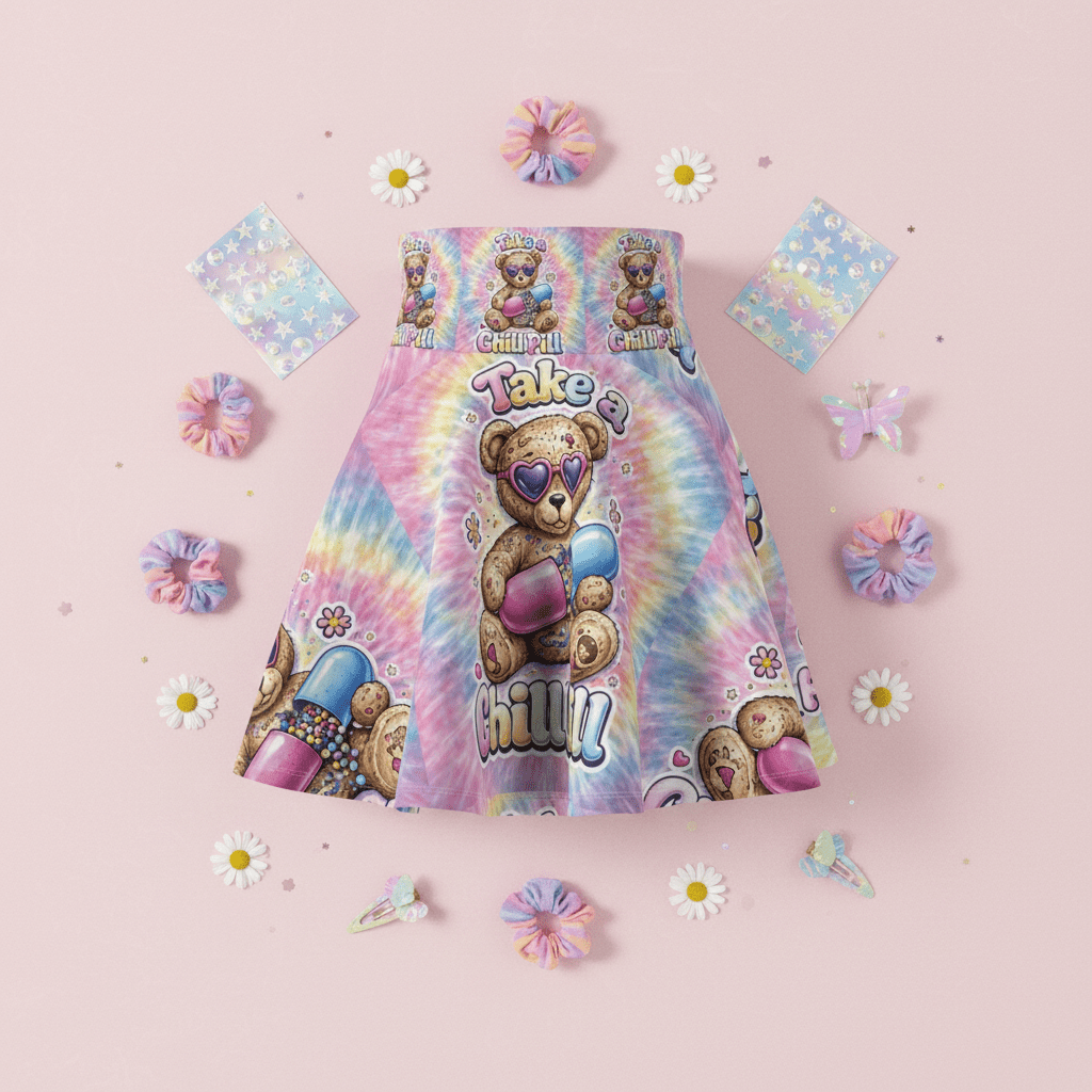 Take a Chill Pill Skater Skirt — 90s Retro Graphic Women's Skater SkirtEmber Spirit Apparel