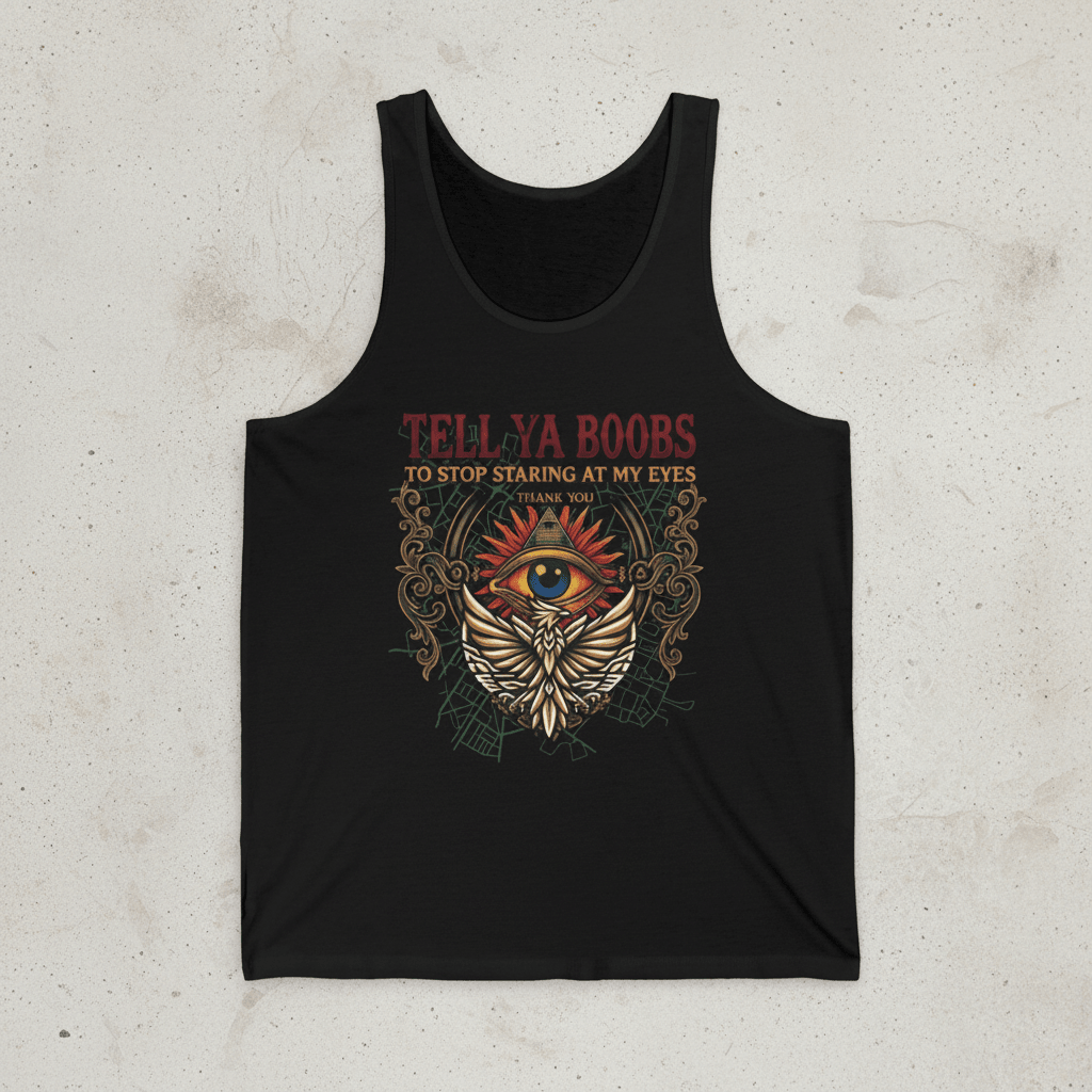 Tell Ya Boobs to stop staring at my Eyes Unisex Jersey TankEmber Spirit Apparel