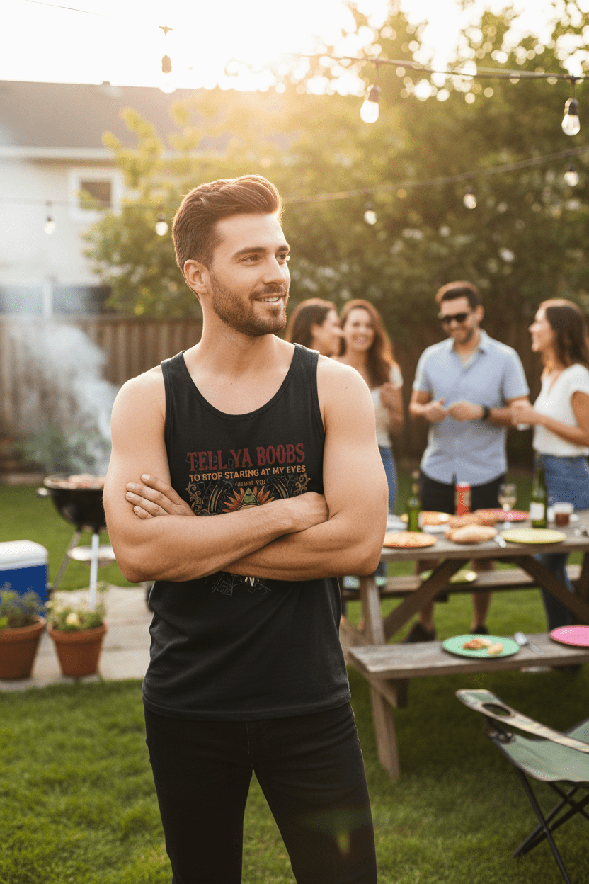 Tell Ya Boobs to stop staring at my Eyes Unisex Jersey TankEmber Spirit Apparel