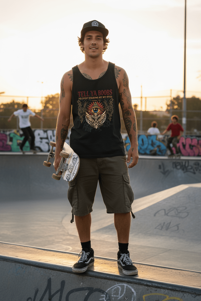 Tell Ya Boobs to stop staring at my Eyes Unisex Jersey TankEmber Spirit Apparel
