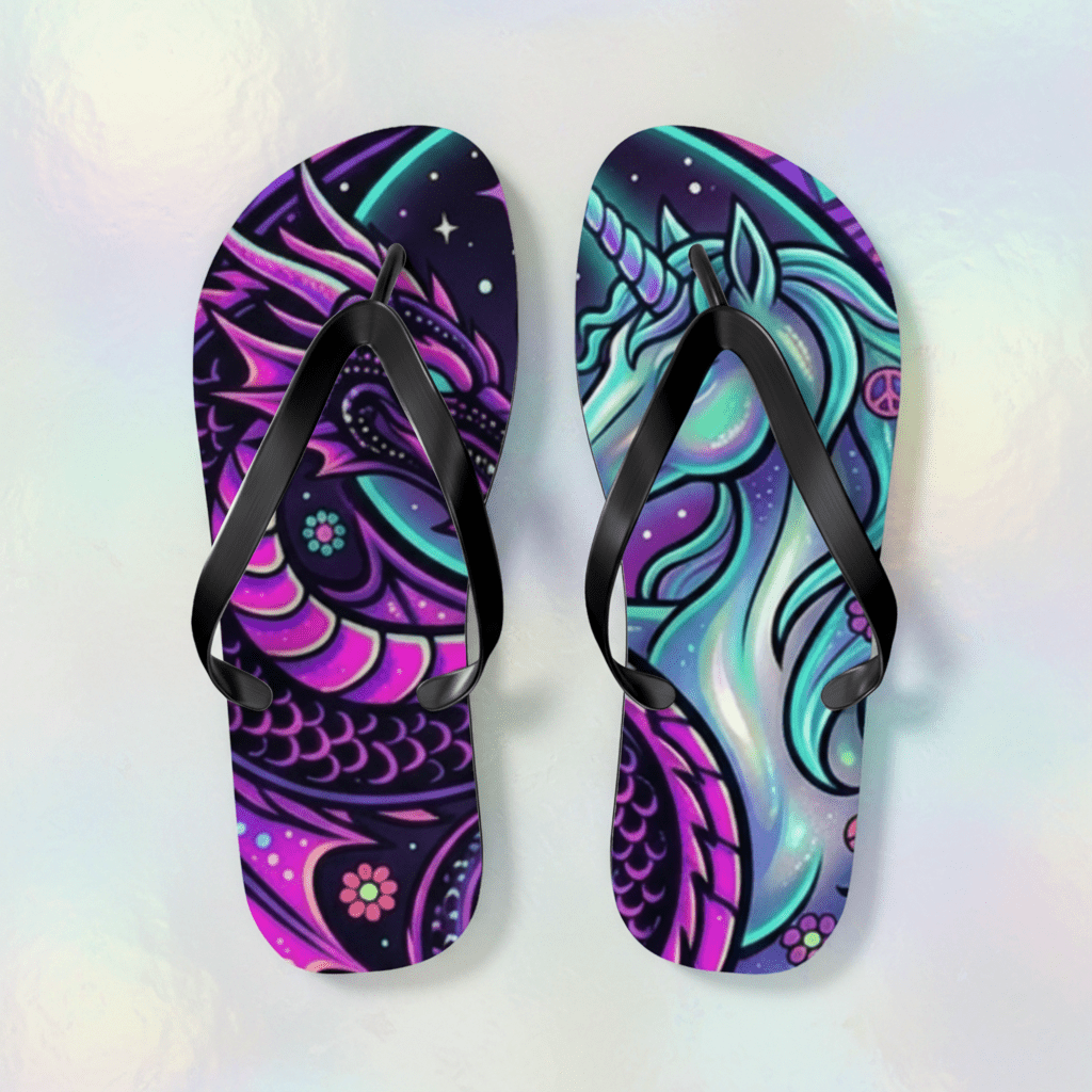 Unicorn Dragon Flip Flops — Neon Galaxy Fantasy Beach SandalsEmber Spirit Apparel