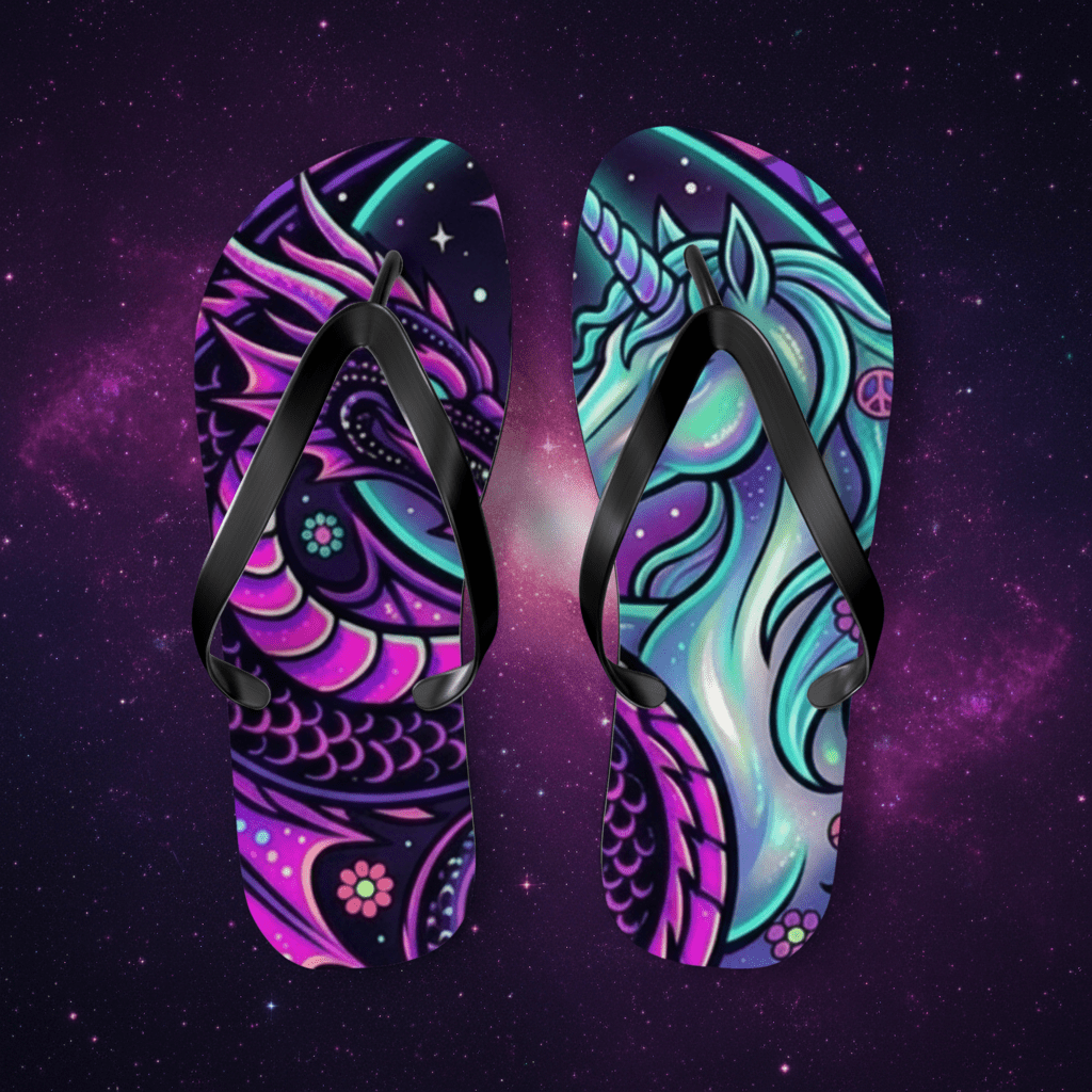 Unicorn Dragon Flip Flops — Neon Galaxy Fantasy Beach SandalsEmber Spirit Apparel
