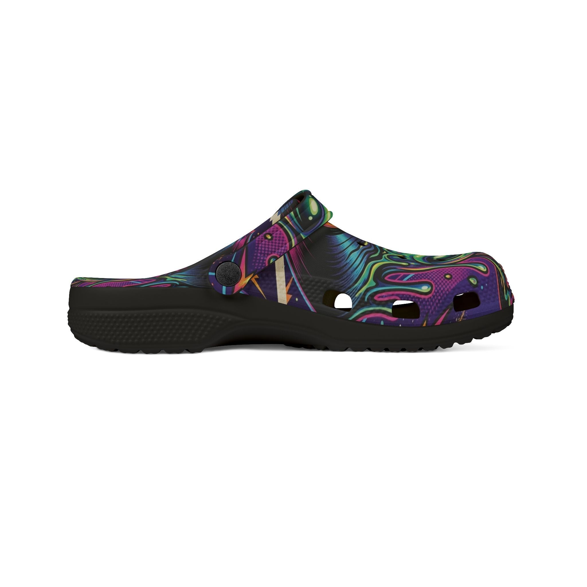 Alien Vinyl UFO Foam Shoes top view — alien DJ vinyl all-over print detail | Ember Spirit Apparel