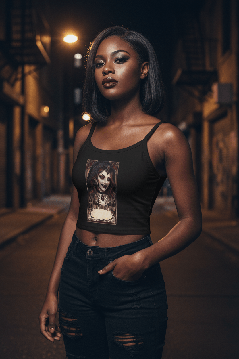 Vampire Gothic Crop Tank — Vintage Vampire Portrait Women's Spaghetti Strap TankEmber Spirit Apparel