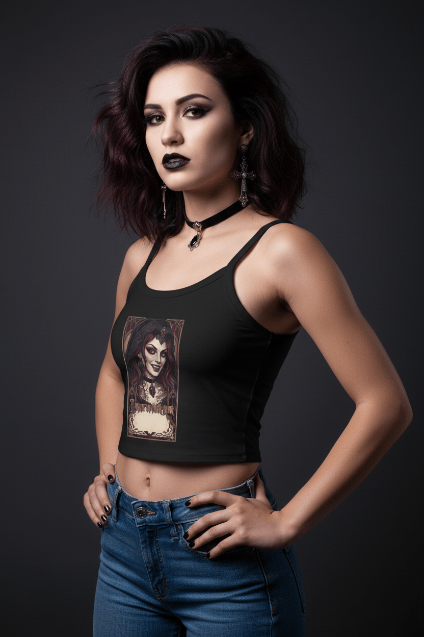 Vampire Gothic Crop Tank — Vintage Vampire Portrait Women's Spaghetti Strap TankEmber Spirit Apparel