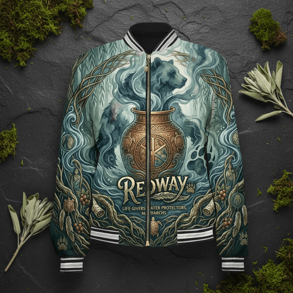 Varsity Jacket — Mythic Bear & Cauldron All-Over Print ("Redway")Ember Spirit Apparel