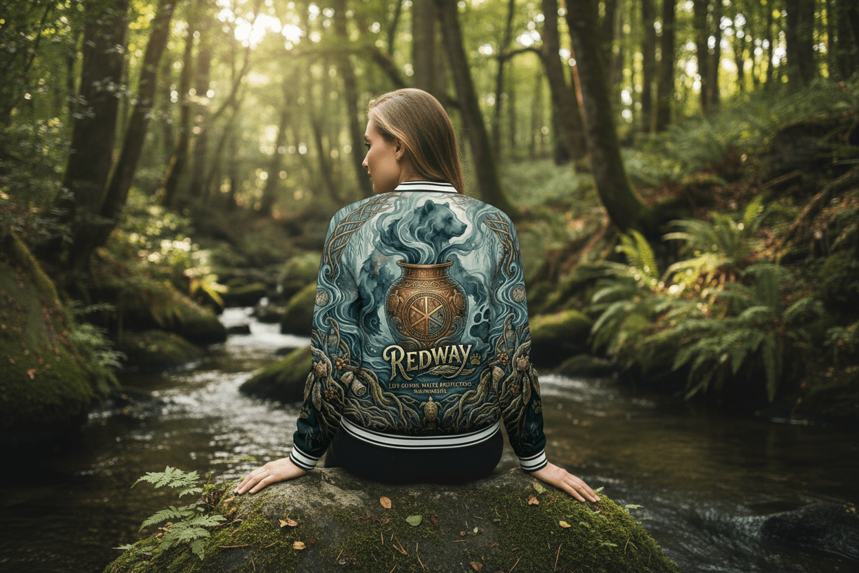 Varsity Jacket — Mythic Bear & Cauldron All-Over Print ("Redway")Ember Spirit Apparel