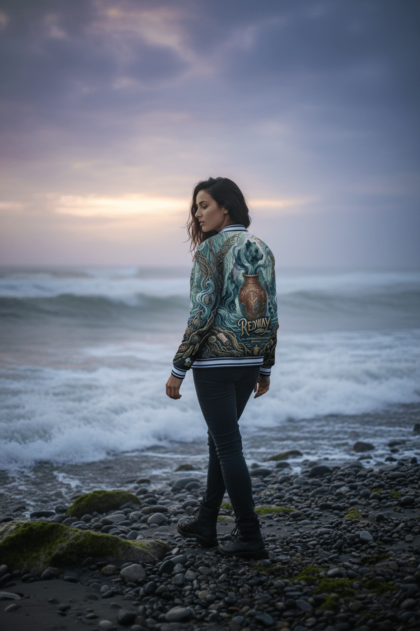 Varsity Jacket — Mythic Bear & Cauldron All-Over Print ("Redway")Ember Spirit Apparel