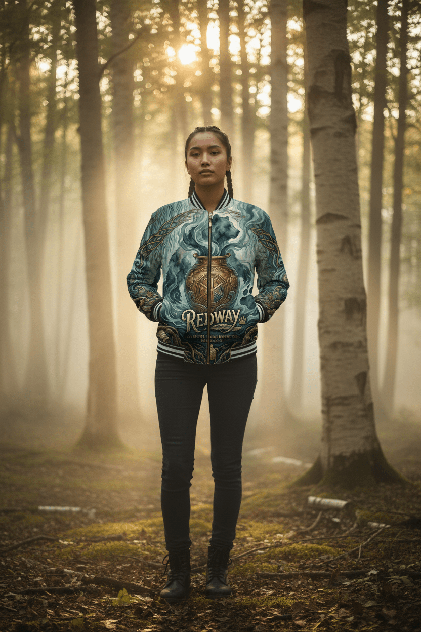 Varsity Jacket — Mythic Bear & Cauldron All-Over Print ("Redway")Ember Spirit Apparel