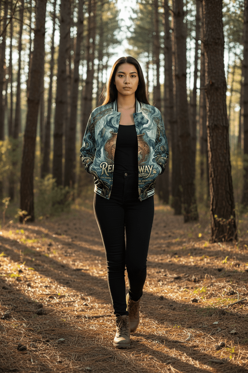 Varsity Jacket — Mythic Bear & Cauldron All-Over Print ("Redway")Ember Spirit Apparel