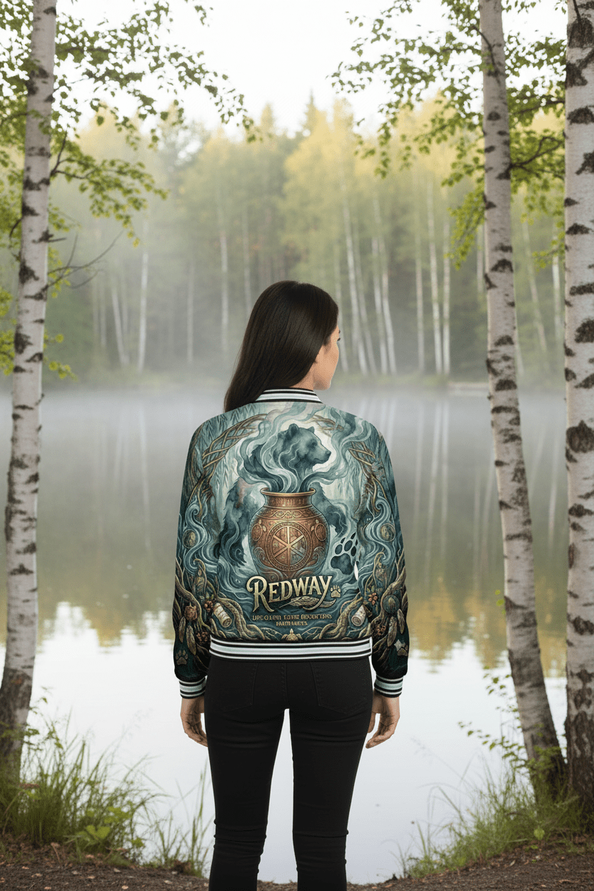 Varsity Jacket — Mythic Bear & Cauldron All-Over Print ("Redway")Ember Spirit Apparel