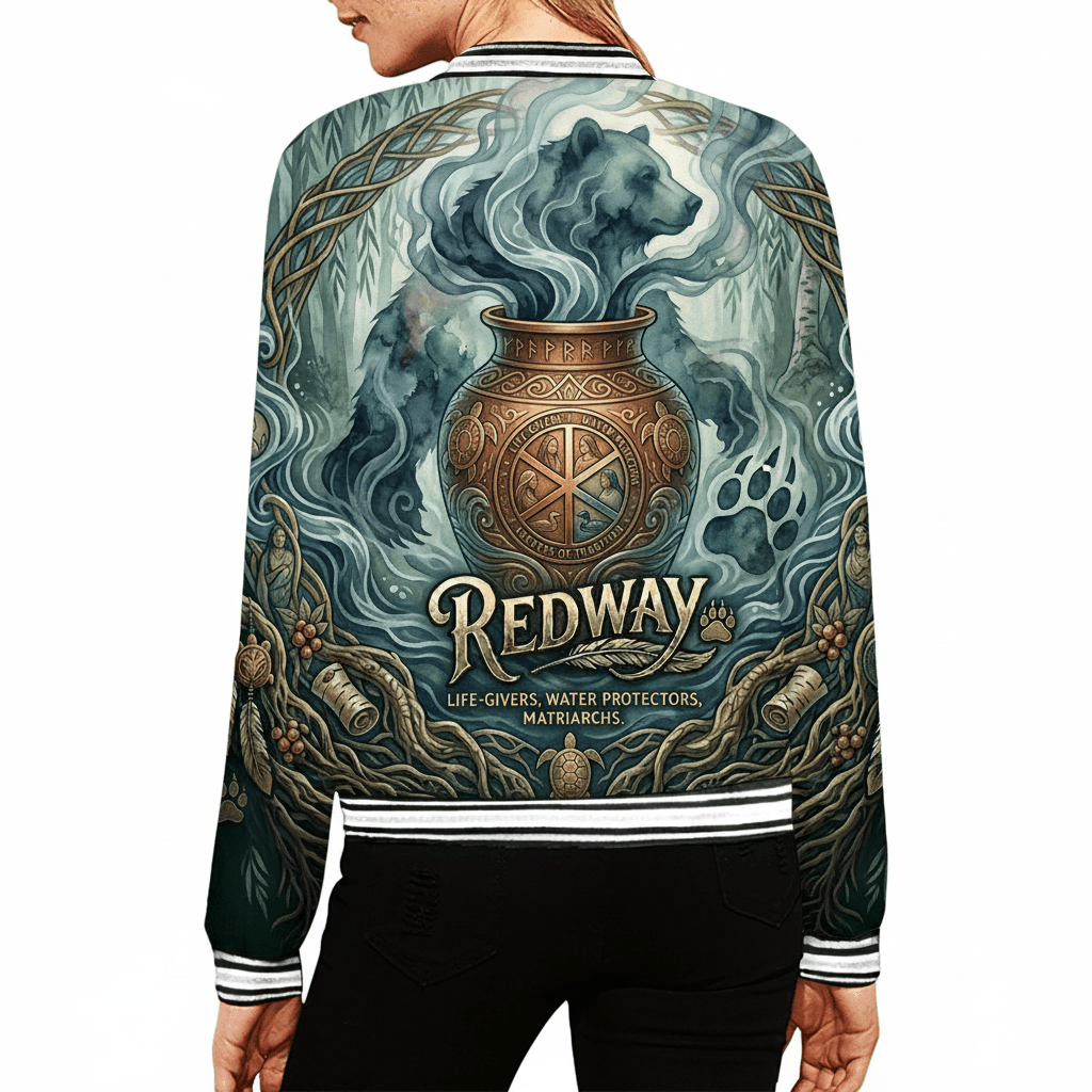 Varsity Jacket — Mythic Bear & Cauldron All-Over Print ("Redway")Ember Spirit Apparel