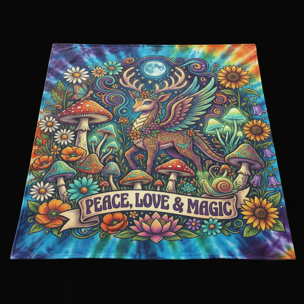 Velveteen Plush Blanket — Peace, Love & Magic Tie-Dye Deer ThrowEmber Spirit Apparel