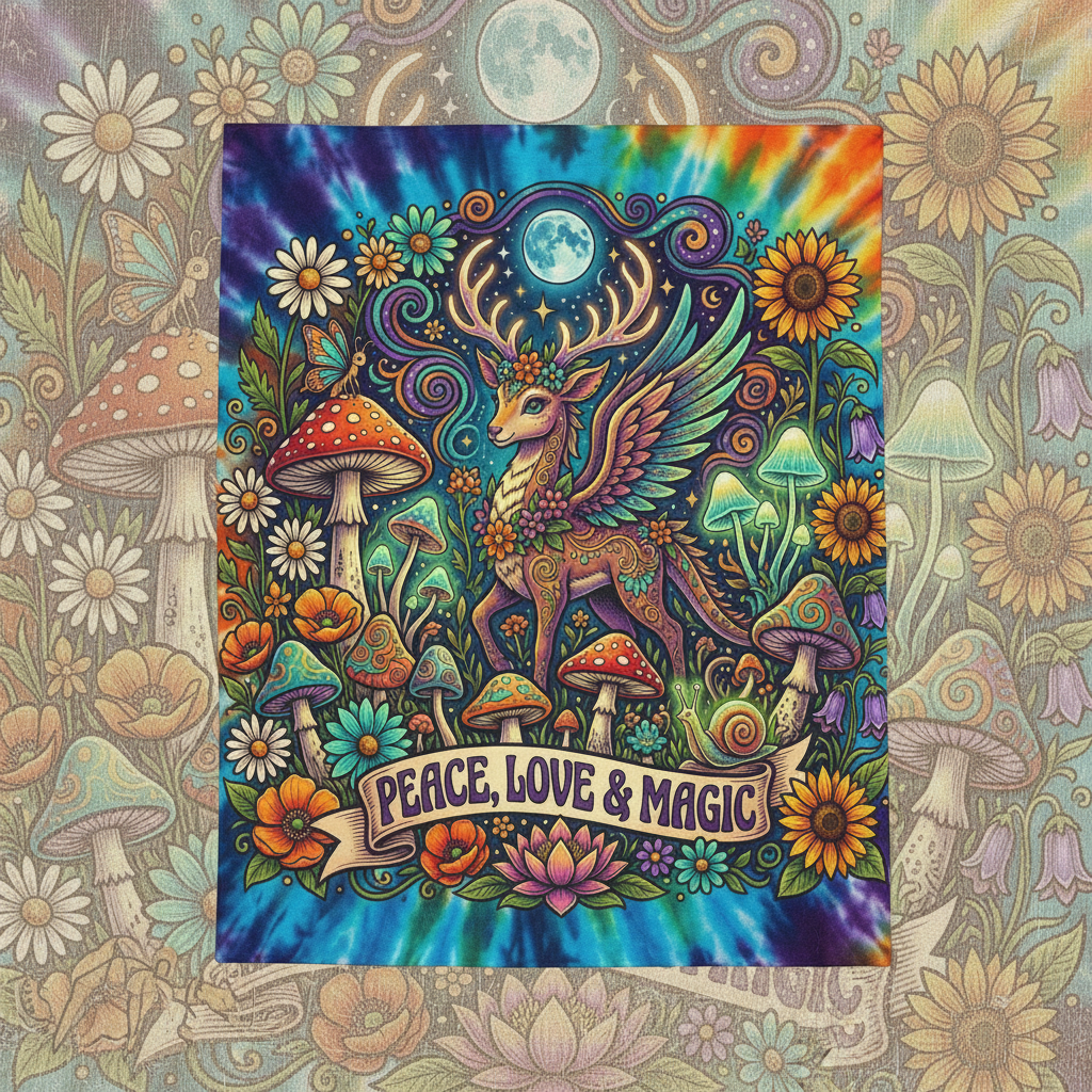 Velveteen Plush Blanket — Peace, Love & Magic Tie-Dye Deer ThrowEmber Spirit Apparel
