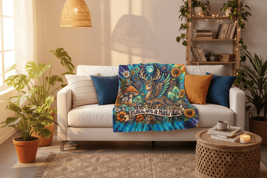 Velveteen Plush Blanket — Peace, Love & Magic Tie-Dye Deer ThrowEmber Spirit Apparel