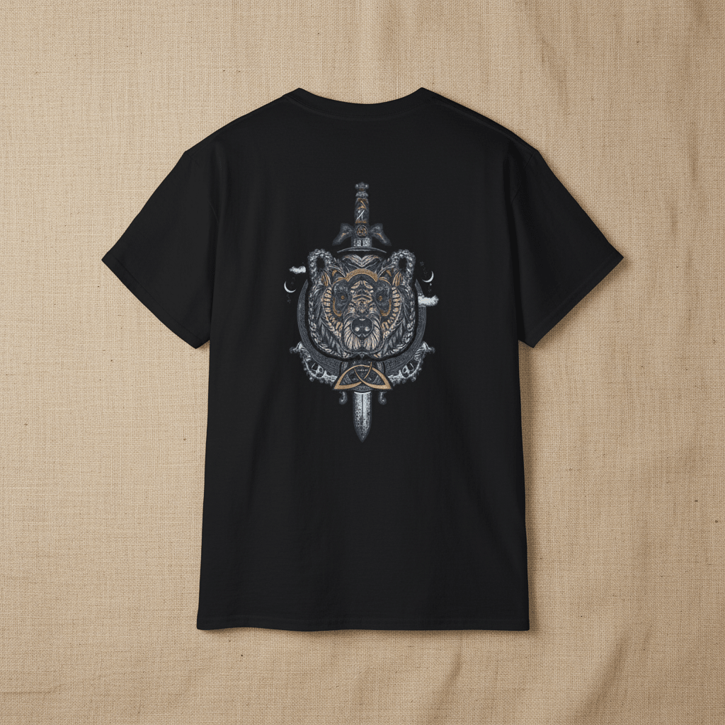 Viking Shield & Sword Graphic Tee — Norse Warrior Crest T-ShirtEmber Spirit Apparel
