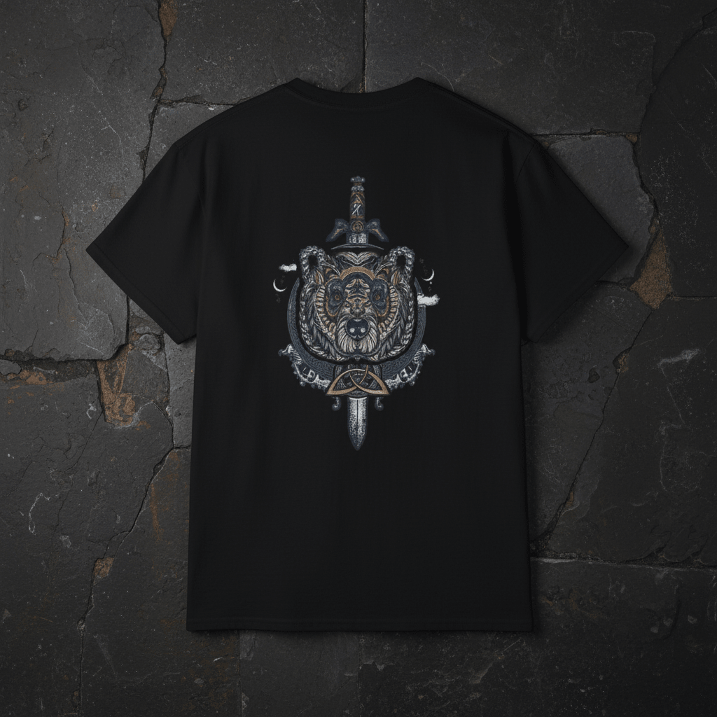 Viking Shield & Sword Graphic Tee — Norse Warrior Crest T-ShirtEmber Spirit Apparel