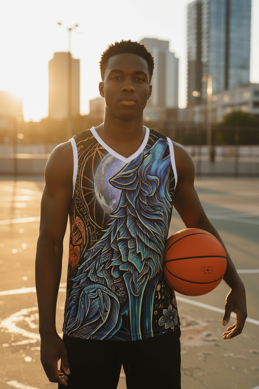 Wolf Basketball Jersey — Moon Mystic Howling Wolf All-Over Print TankEmber Spirit Apparel