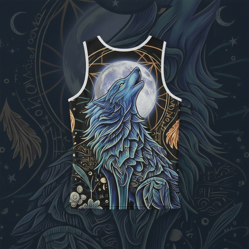 Wolf Basketball Jersey — Moon Mystic Howling Wolf All-Over Print TankEmber Spirit Apparel