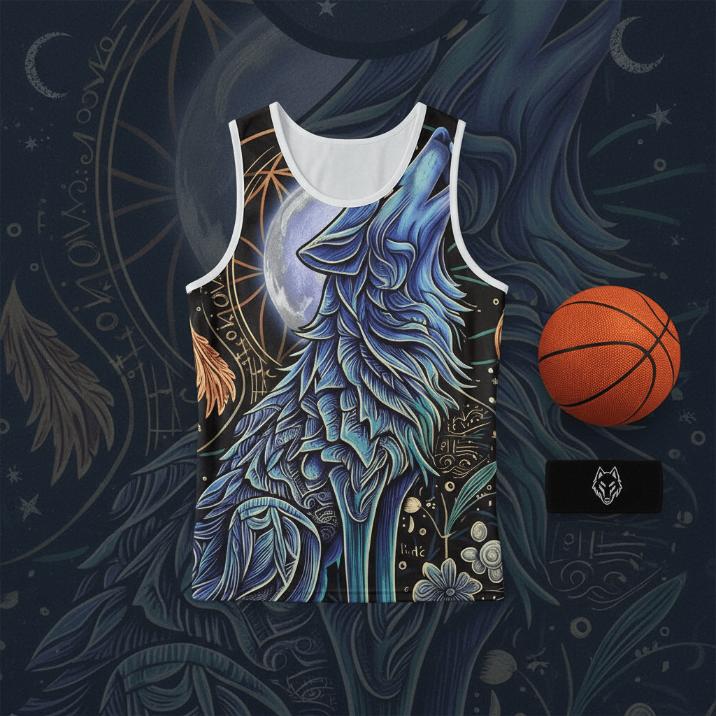 Wolf Basketball Jersey — Moon Mystic Howling Wolf All-Over Print TankEmber Spirit Apparel