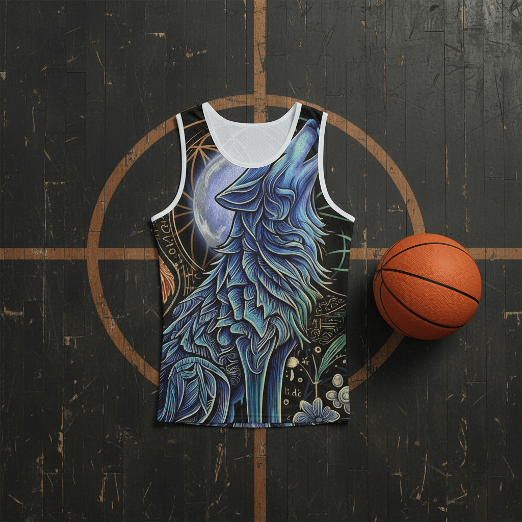 Wolf Basketball Jersey — Moon Mystic Howling Wolf All-Over Print TankEmber Spirit Apparel