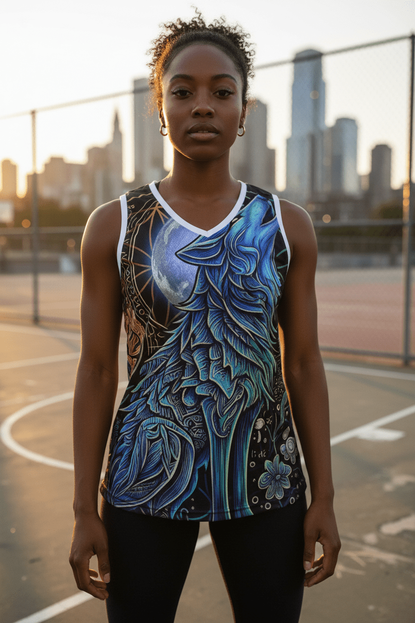 Wolf Basketball Jersey — Moon Mystic Howling Wolf All-Over Print TankEmber Spirit Apparel