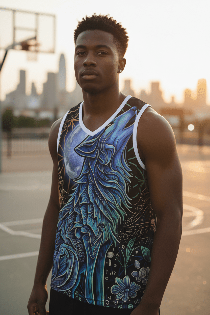 Wolf Basketball Jersey — Moon Mystic Howling Wolf All-Over Print TankEmber Spirit Apparel
