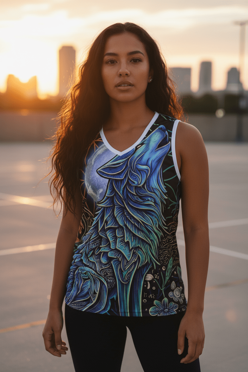 Wolf Basketball Jersey — Moon Mystic Howling Wolf All-Over Print TankEmber Spirit Apparel