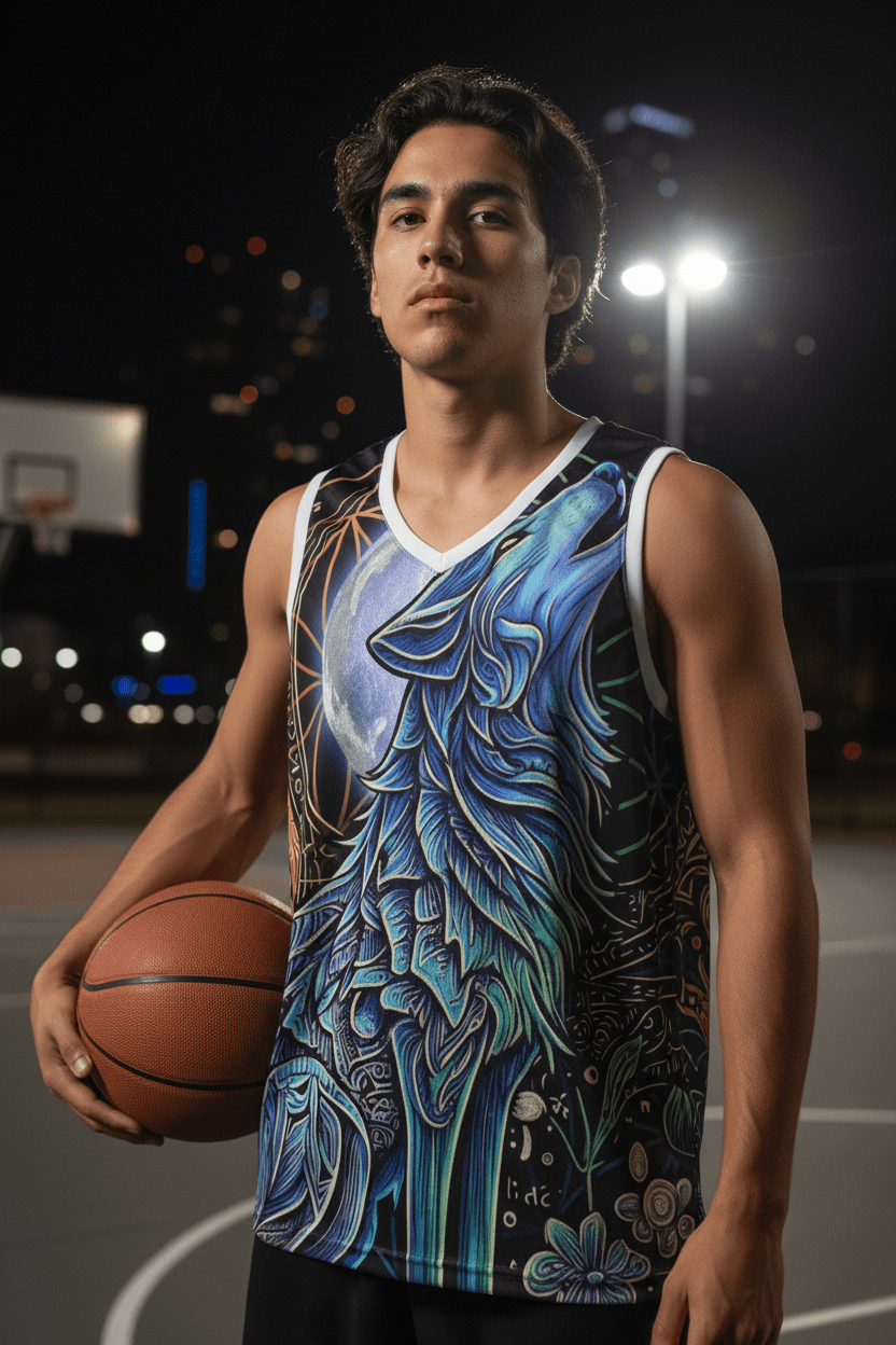 Wolf Basketball Jersey — Moon Mystic Howling Wolf All-Over Print TankEmber Spirit Apparel