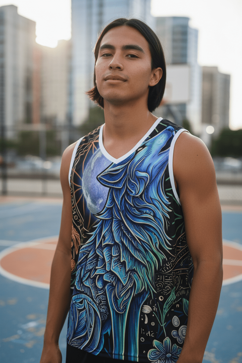 Wolf Basketball Jersey — Moon Mystic Howling Wolf All-Over Print TankEmber Spirit Apparel