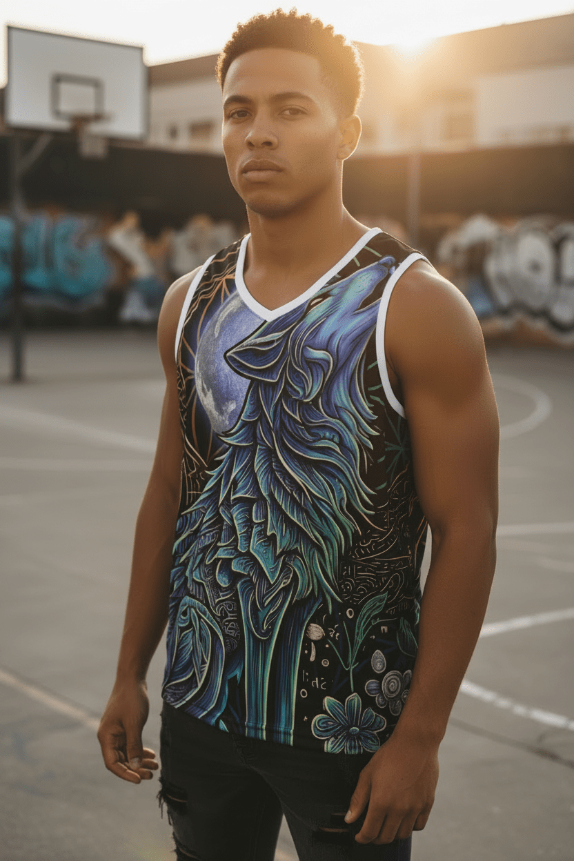 Wolf Basketball Jersey — Moon Mystic Howling Wolf All-Over Print TankEmber Spirit Apparel