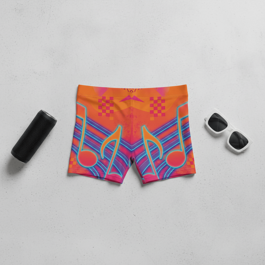 Women’s Music Note AOP Shorts — Neon Retro Groove PatternEmber Spirit Apparel